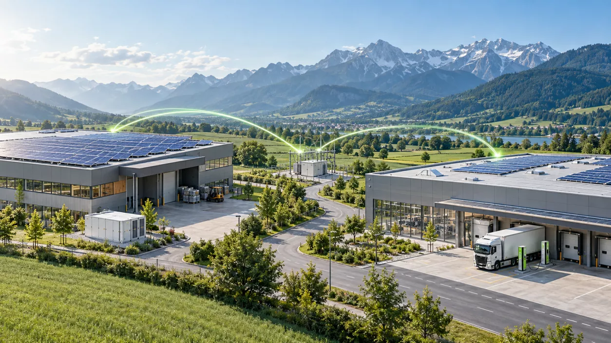 Energie intelligent verbinden – vom eigenen Standort bis zum direkten Stromaustausch zwischen Unternehmen.Bestehende Photovoltaikanlage eines Gewerbebetriebs, ergänzt um einen Batteriespeicher und intelligentes Energiemanagement
