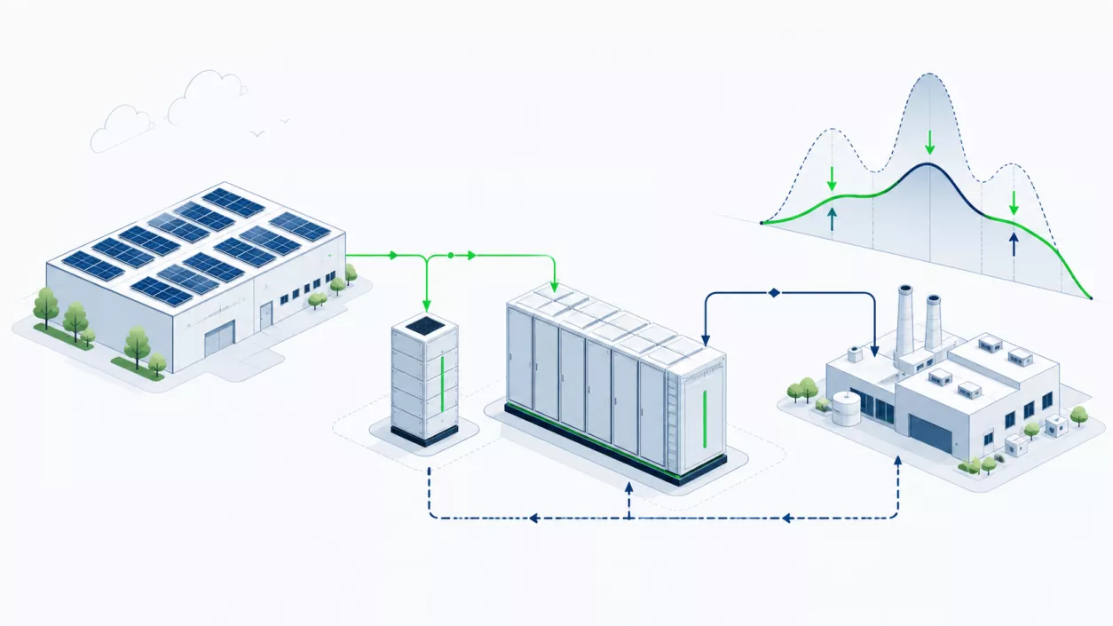 Gewerblicher Batteriespeicher zwischen Photovoltaikanlage, Betriebsgebäude und Stromnetz
