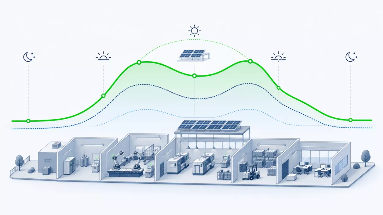 Gewerblicher Batteriespeicher zwischen Photovoltaikanlage, Betriebsgebäude und Stromnetz
