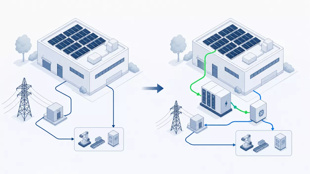 Bestehende Photovoltaikanlage eines Gewerbebetriebs, ergänzt um einen Batteriespeicher und intelligentes Energiemanagement