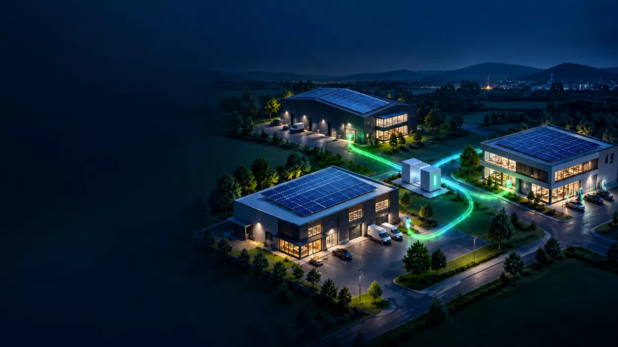 Energie intelligent verbinden – vom eigenen Standort bis zum direkten Stromaustausch zwischen Unternehmen.Bestehende Photovoltaikanlage eines Gewerbebetriebs, ergänzt um einen Batteriespeicher und intelligentes Energiemanagement