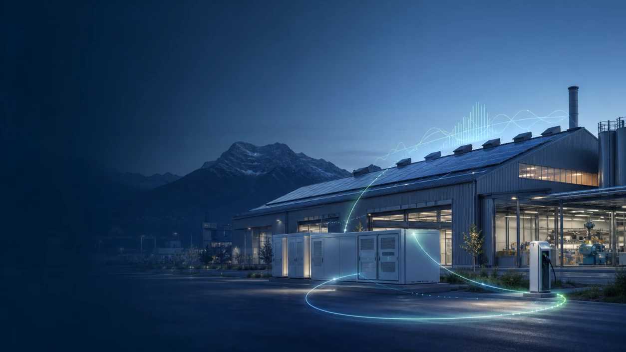 Industriegebäude mit Photovoltaik, Batteriespeicher und Ladepunkt vor alpiner Kulisse; grafische Linien zeigen vernetzte Energieflüsse.